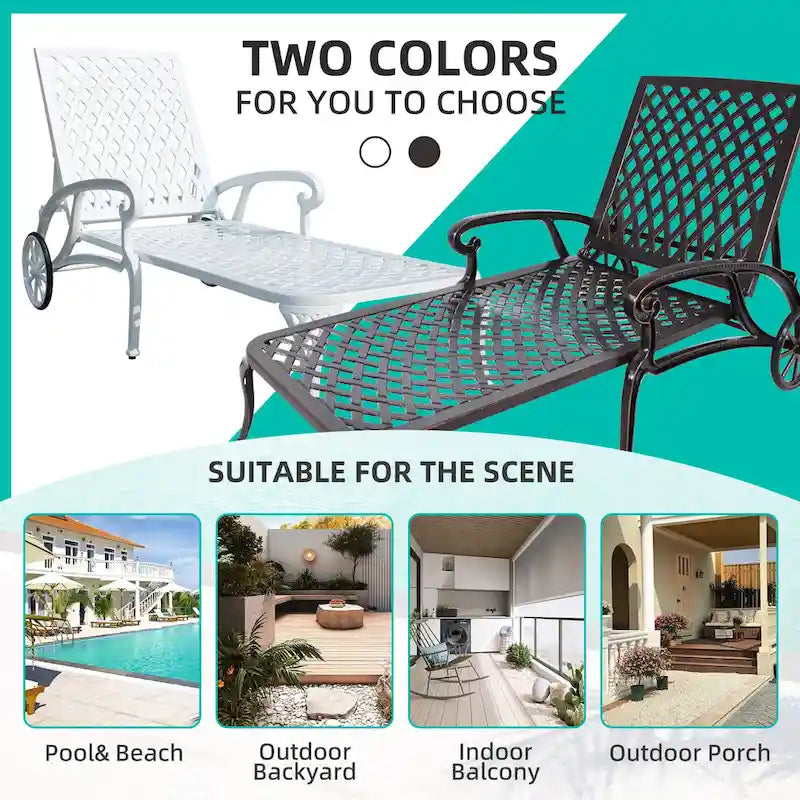 Chaise longue de piscine, chaise longue en fonte d'aluminium avec roues, lot de 2