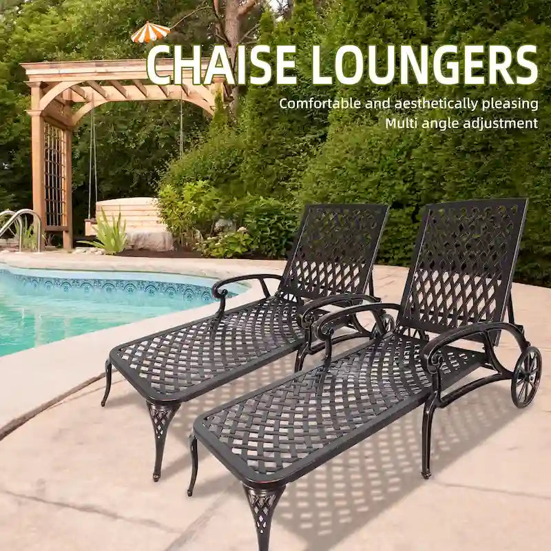 Chaise longue de piscine, chaise longue en fonte d'aluminium avec roues, lot de 2