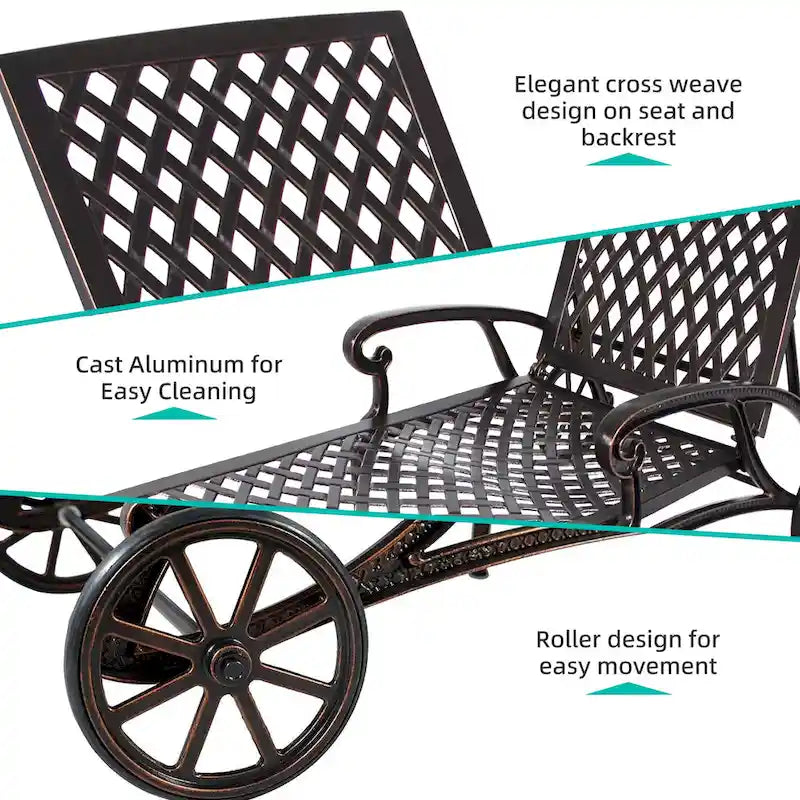 Chaise longue de piscine, chaise longue en fonte d'aluminium avec roues, lot de 2