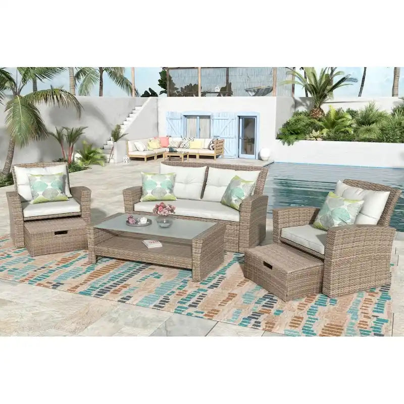 Ensemble de conversation de jardin 4 pièces en osier tout temps avec canapé modulable et ottoman