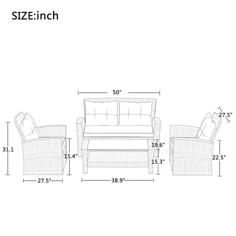 Ensemble de conversation de jardin 4 pièces en osier tout temps avec canapé modulable et ottoman