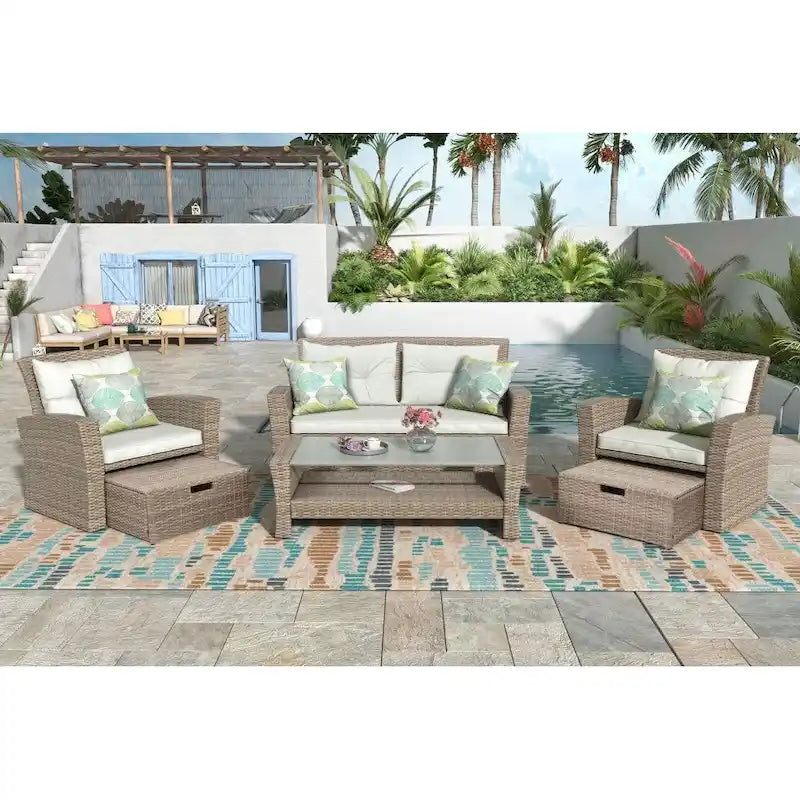 Ensemble de conversation de jardin 4 pièces en osier tout temps avec canapé modulable et ottoman