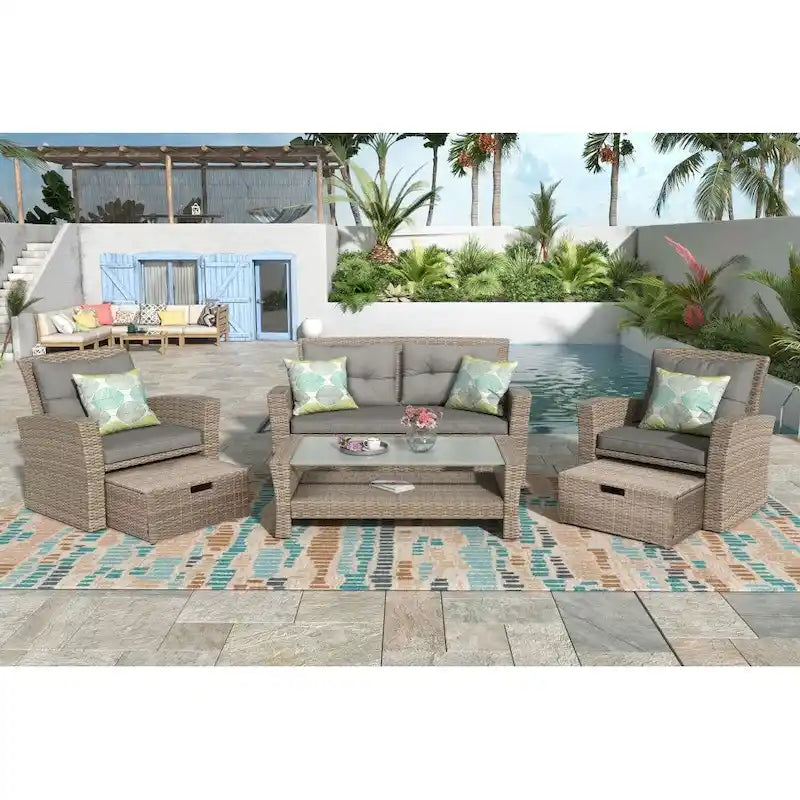 Ensemble de conversation de jardin 4 pièces en osier tout temps avec canapé modulable et ottoman