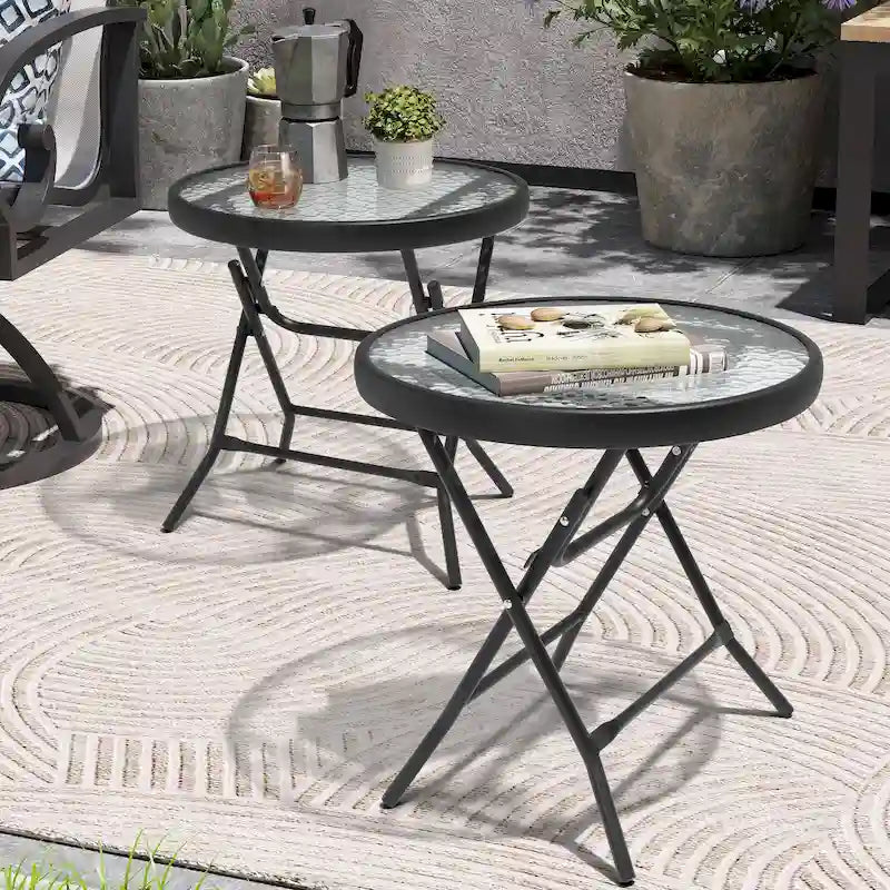 Crestlive Outdoor Side Table Petite table pliante de patio avec plateau en verre trempé