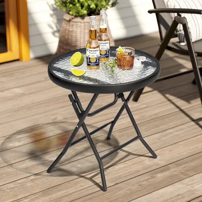 Crestlive Outdoor Side Table Petite table pliante de patio avec plateau en verre trempé