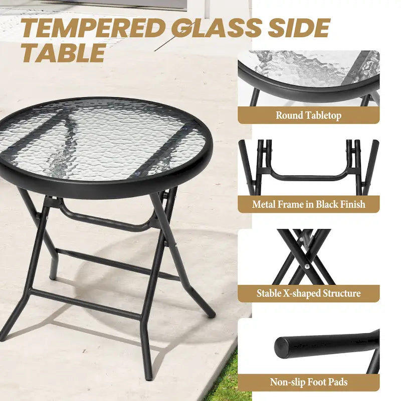 Crestlive Outdoor Side Table Petite table pliante de patio avec plateau en verre trempé