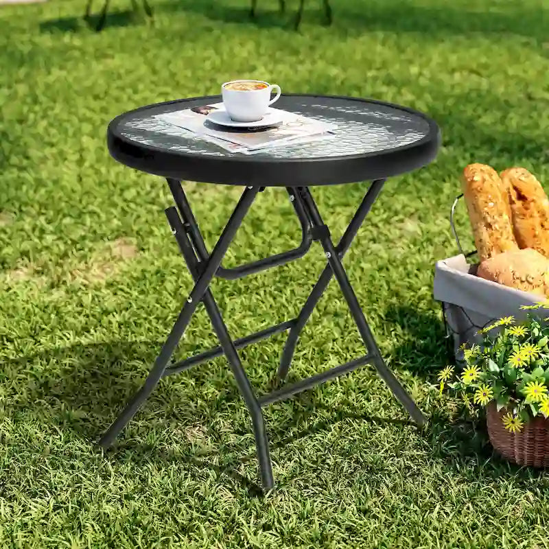 Crestlive Outdoor Side Table Petite table pliante de patio avec plateau en verre trempé