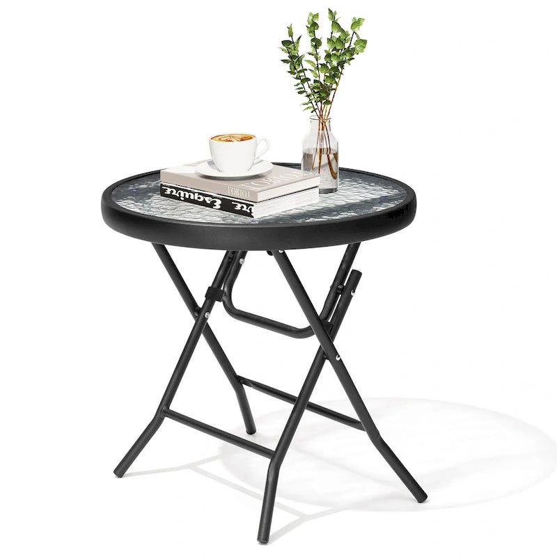 Crestlive Outdoor Side Table Petite table pliante de patio avec plateau en verre trempé