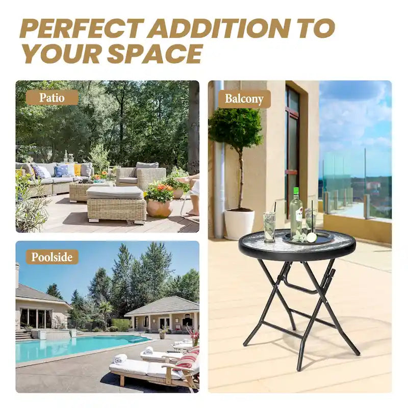 Crestlive Outdoor Side Table Petite table pliante de patio avec plateau en verre trempé
