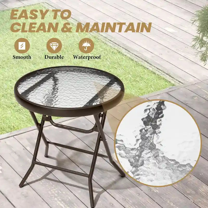 Crestlive Outdoor Side Table Petite table pliante de patio avec plateau en verre trempé
