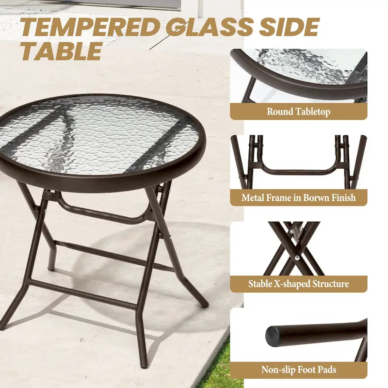 Crestlive Outdoor Side Table Petite table pliante de patio avec plateau en verre trempé