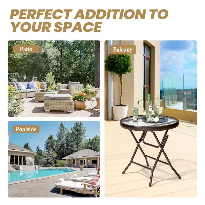 Crestlive Outdoor Side Table Petite table pliante de patio avec plateau en verre trempé