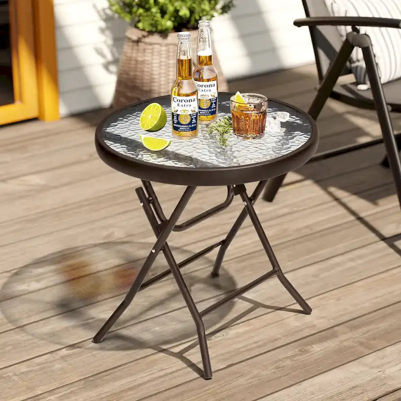 Crestlive Outdoor Side Table Petite table pliante de patio avec plateau en verre trempé