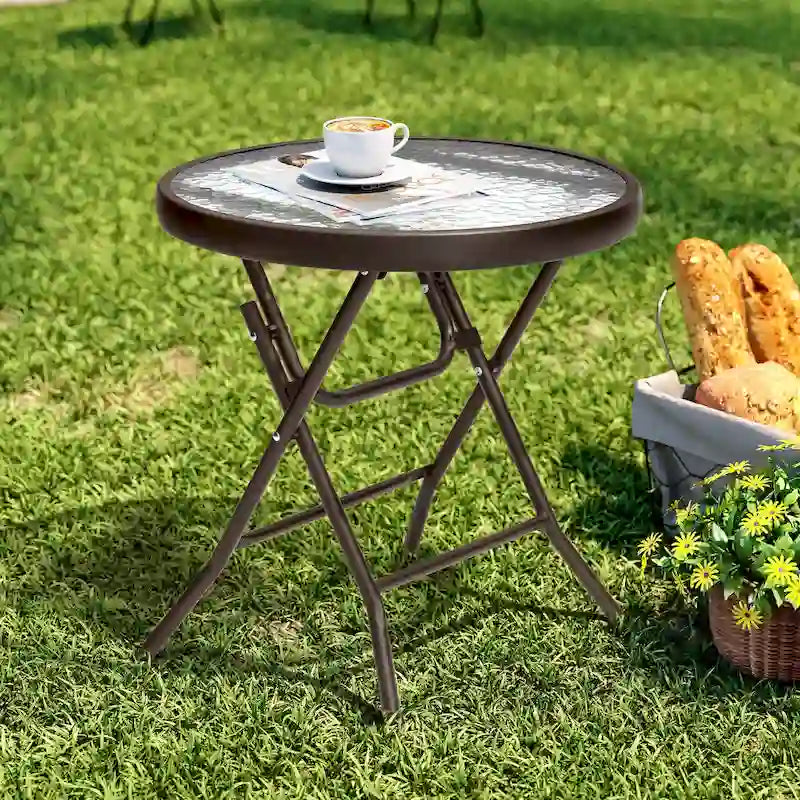 Crestlive Outdoor Side Table Petite table pliante de patio avec plateau en verre trempé
