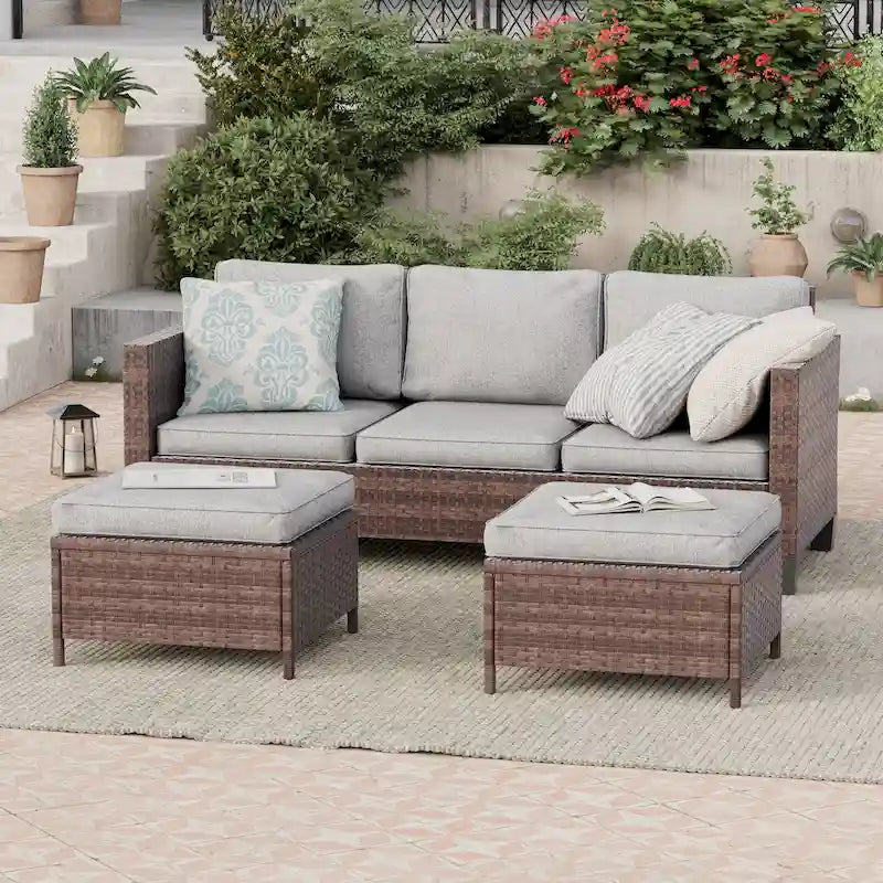 BONOSUKI Ensemble de canapés de patio 3 pièces en rotin marron avec poufs