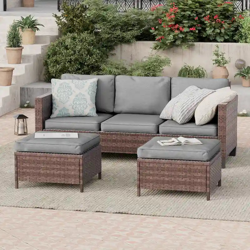 BONOSUKI Ensemble de canapés de patio 3 pièces en rotin marron avec poufs