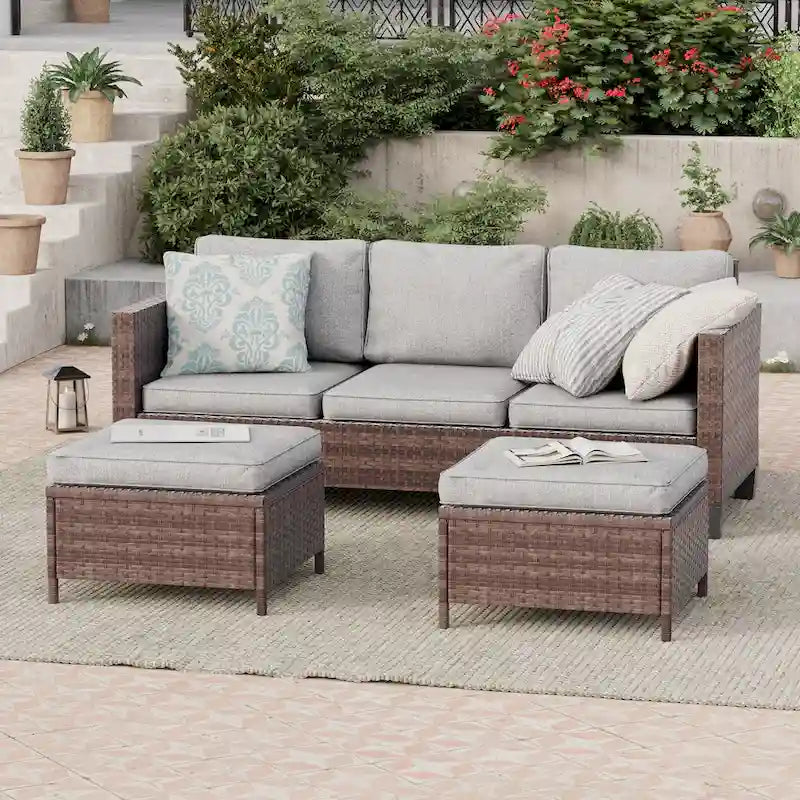 BONOSUKI Ensemble de canapés de patio 3 pièces en rotin marron avec poufs