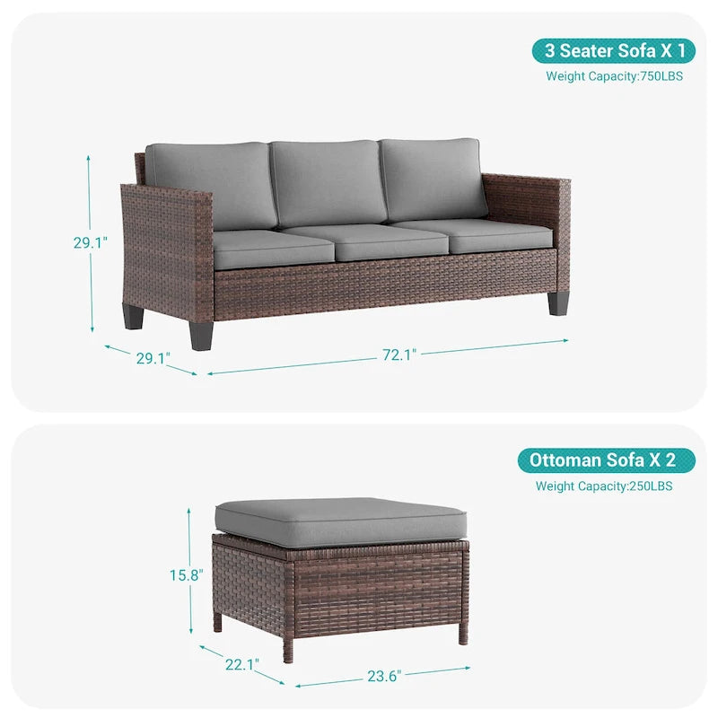 BONOSUKI Ensemble de canapés de patio 3 pièces en rotin marron avec poufs