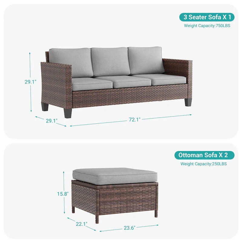 BONOSUKI Ensemble de canapés de patio 3 pièces en rotin marron avec poufs