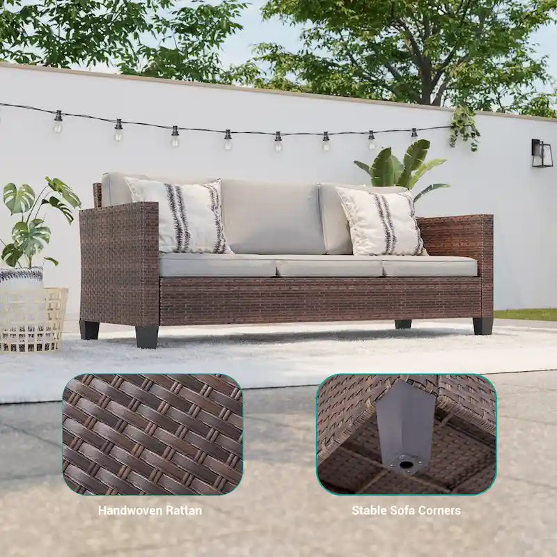 BONOSUKI Ensemble de canapés de patio 3 pièces en rotin marron avec poufs