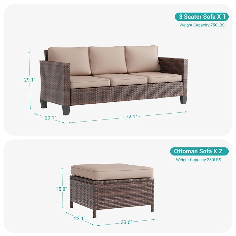 BONOSUKI Ensemble de canapés de patio 3 pièces en rotin marron avec poufs