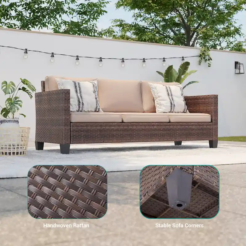 BONOSUKI Ensemble de canapés de patio 3 pièces en rotin marron avec poufs