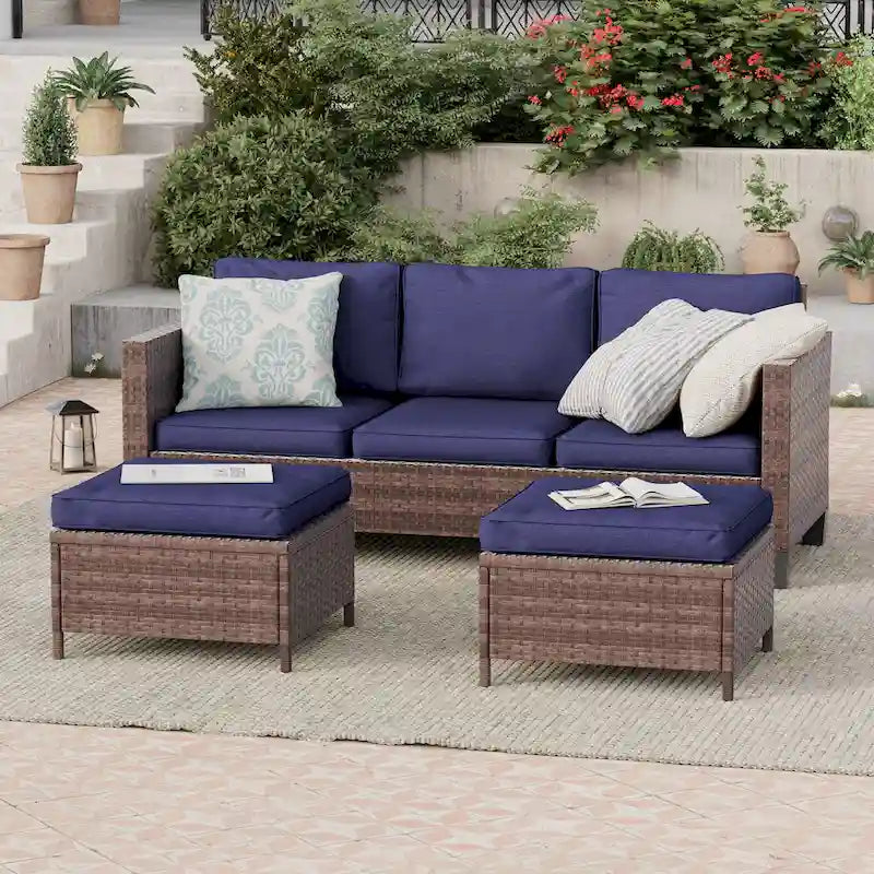 BONOSUKI Ensemble de canapés de patio 3 pièces en rotin marron avec poufs