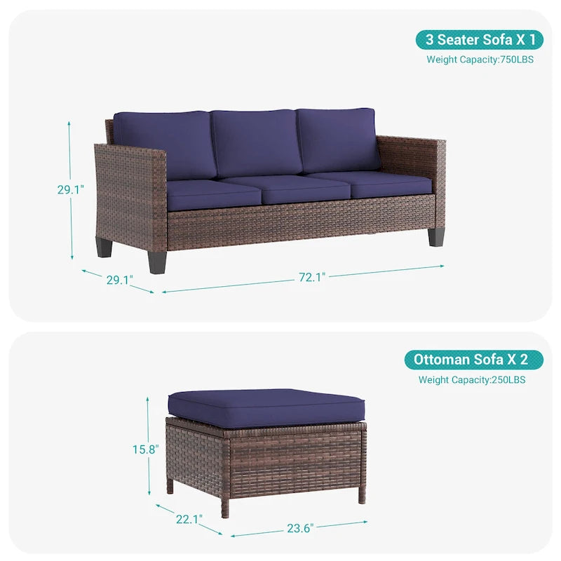 BONOSUKI Ensemble de canapés de patio 3 pièces en rotin marron avec poufs