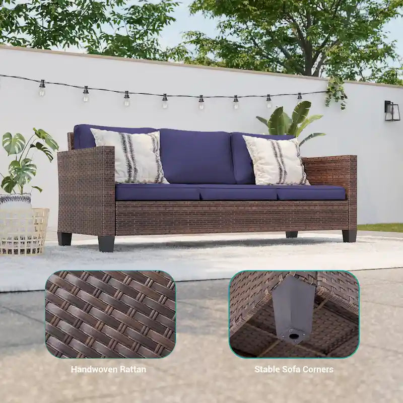 BONOSUKI Ensemble de canapés de patio 3 pièces en rotin marron avec poufs
