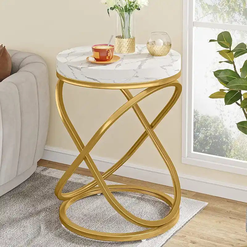 Tables de chevet 26 pouces blanc et or, dessus en faux marbre, table d'appoint ronde