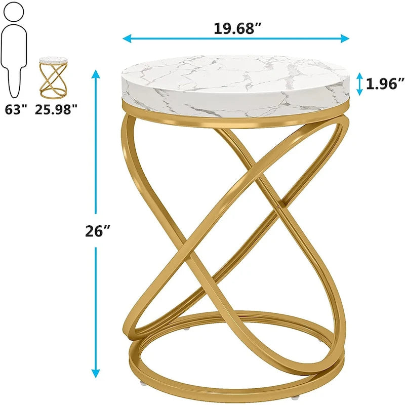 Tables de chevet 26 pouces blanc et or, dessus en faux marbre, table d'appoint ronde