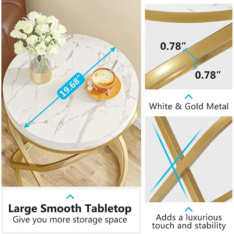 Tables de chevet 26 pouces blanc et or, dessus en faux marbre, table d'appoint ronde