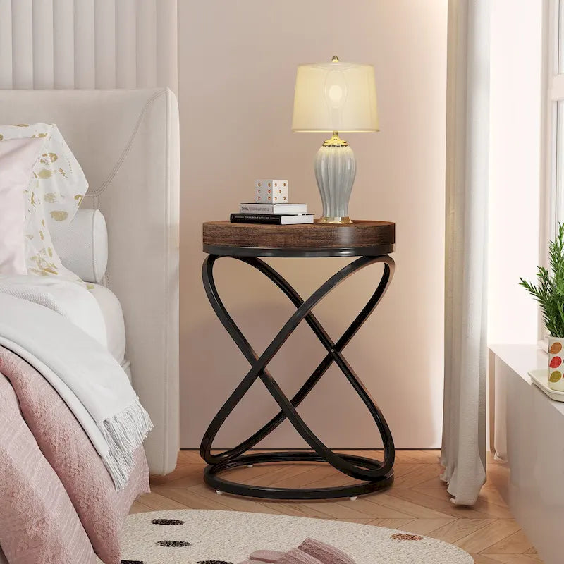 Tables de chevet 26 pouces blanc et or, dessus en faux marbre, table d'appoint ronde