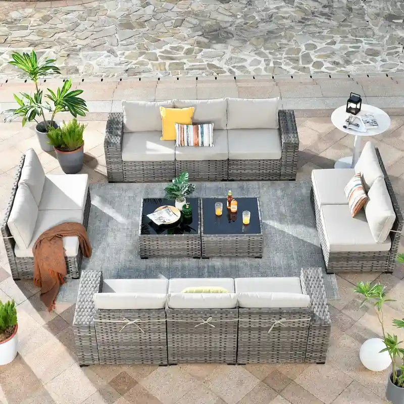 HOOOWOOO Ensemble de patio modulaire 12 pièces en rotin pour l'extérieur avec accoudoirs larges
