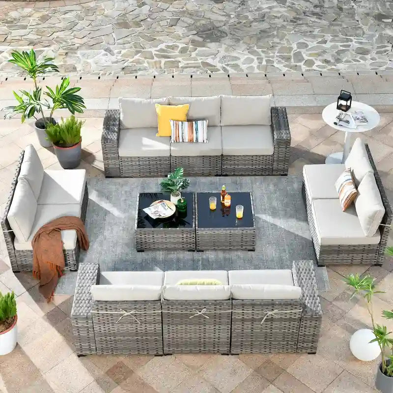 HOOOWOOO 12-Piece Rattan Outdoor Patio Furniture Modular Wide Armrest Sectional Set