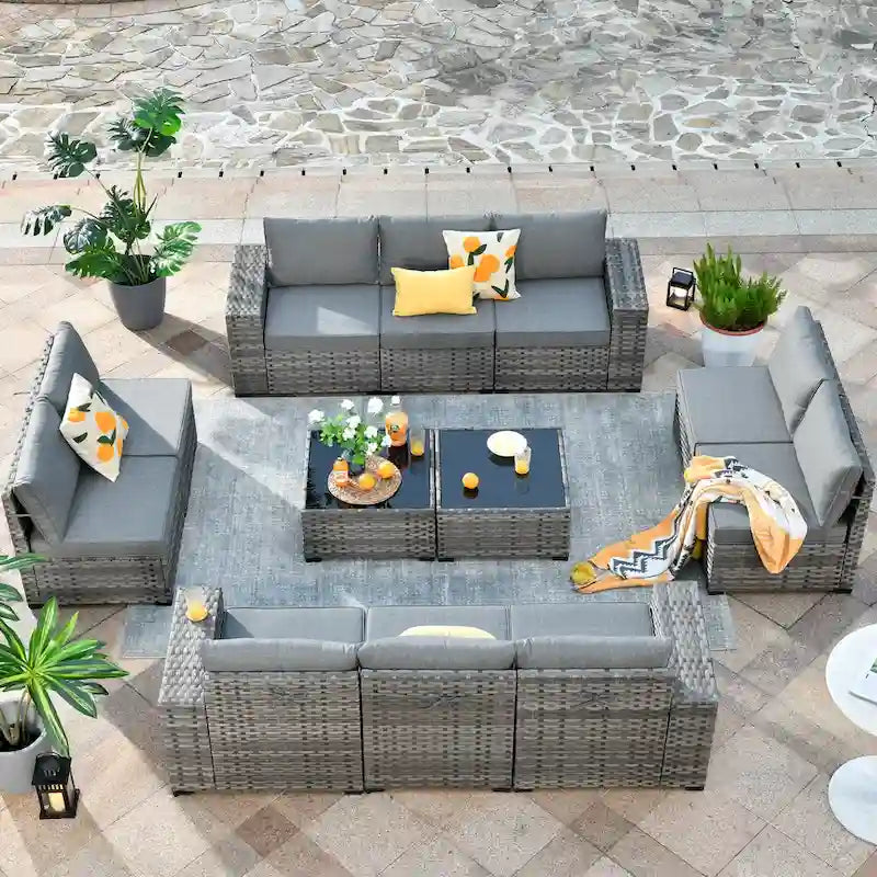 HOOOWOOO Ensemble de patio modulaire 12 pièces en rotin pour l'extérieur avec accoudoirs larges