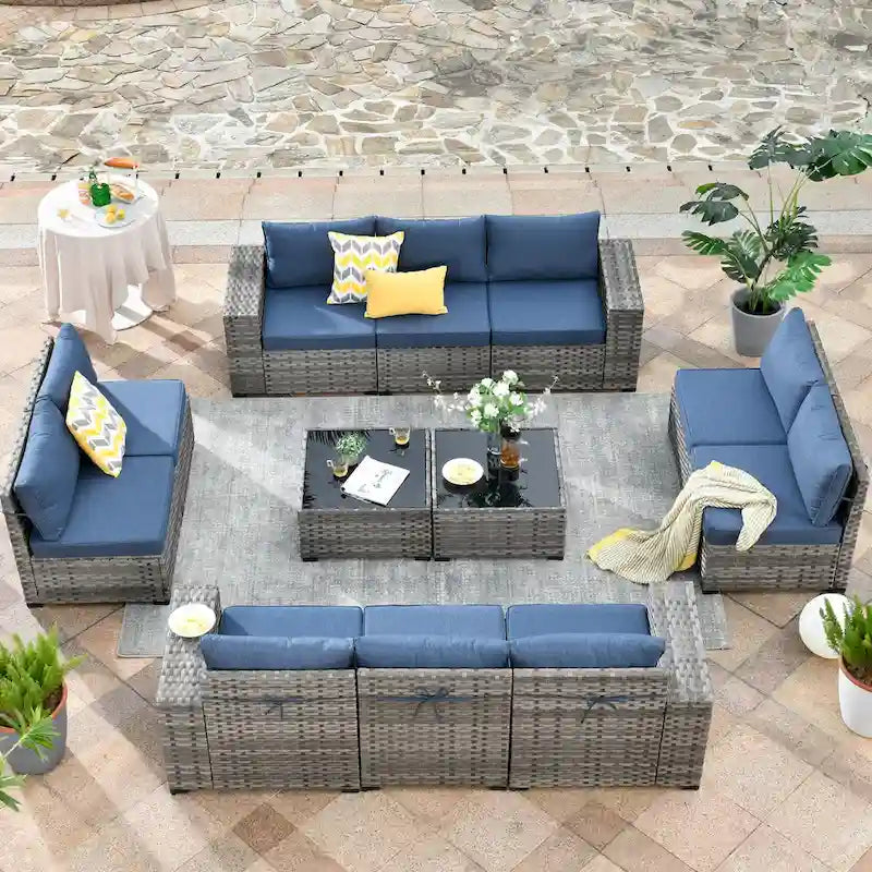 HOOOWOOO Ensemble de patio modulaire 12 pièces en rotin pour l'extérieur avec accoudoirs larges