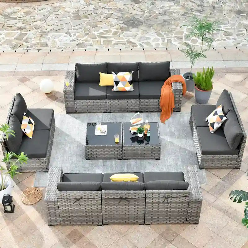 HOOOWOOO Ensemble de patio modulaire 12 pièces en rotin pour l'extérieur avec accoudoirs larges