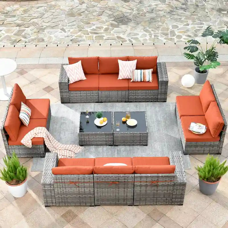 HOOOWOOO Ensemble de patio modulaire 12 pièces en rotin pour l'extérieur avec accoudoirs larges