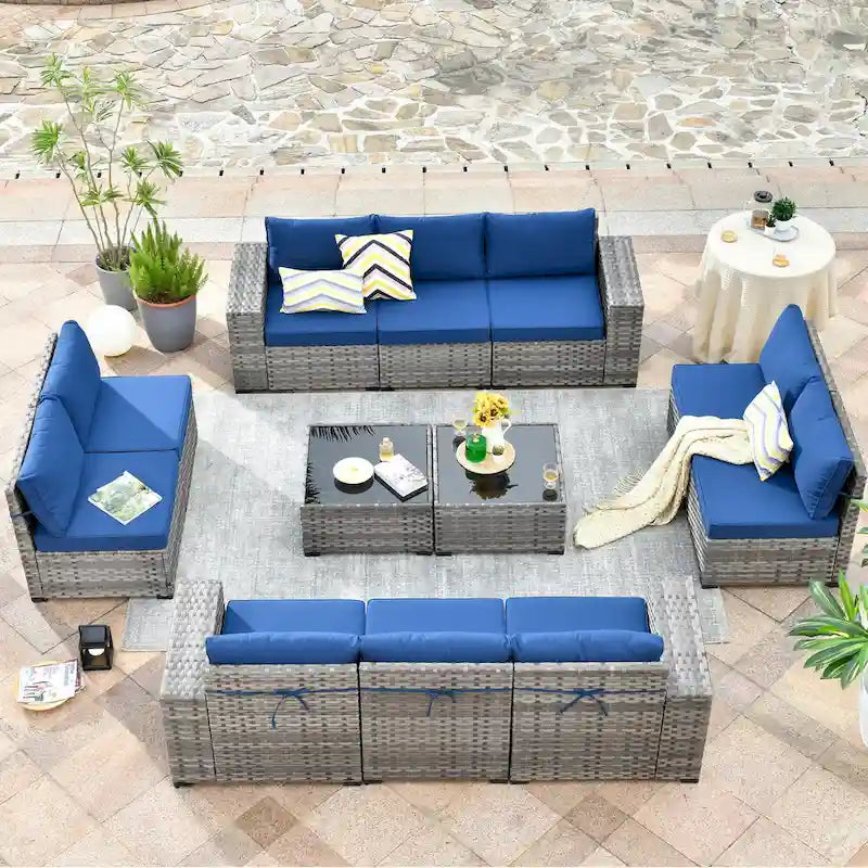 HOOOWOOO Ensemble de patio modulaire 12 pièces en rotin pour l'extérieur avec accoudoirs larges