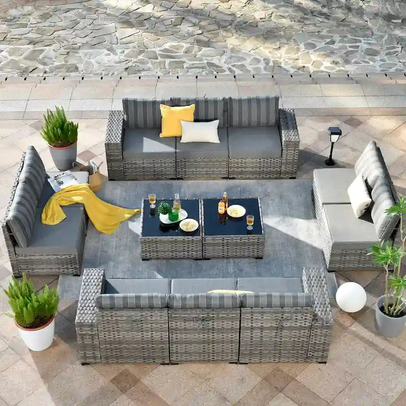HOOOWOOO Ensemble de patio modulaire 12 pièces en rotin pour l'extérieur avec accoudoirs larges