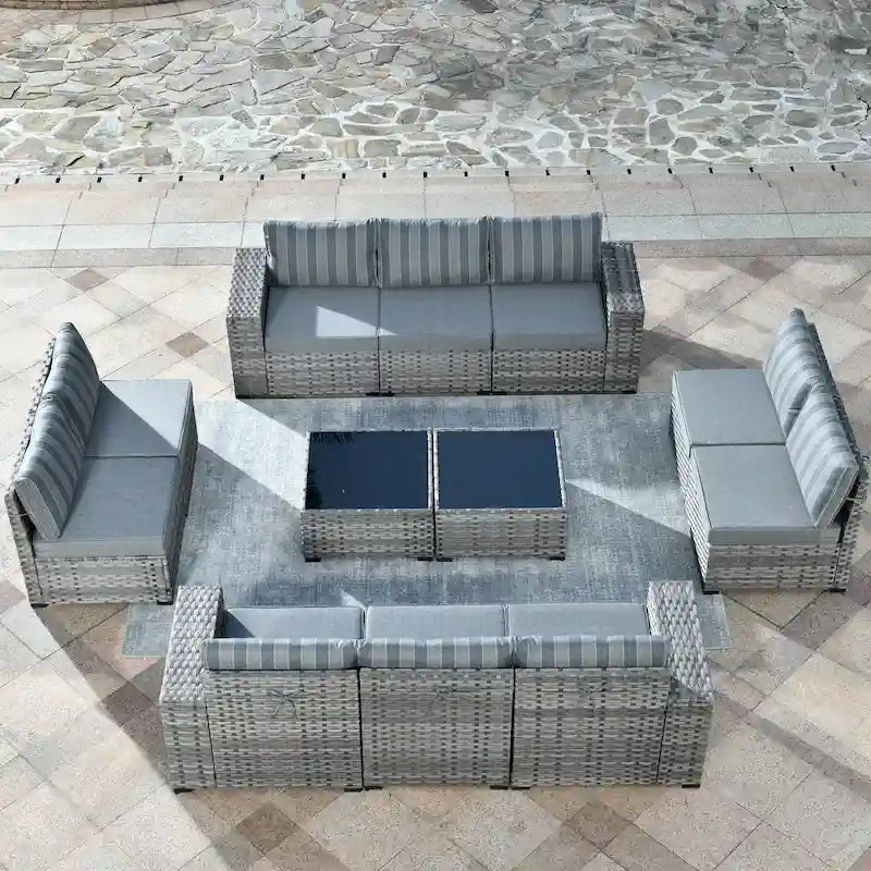 HOOOWOOO Ensemble de patio modulaire 12 pièces en rotin pour l'extérieur avec accoudoirs larges