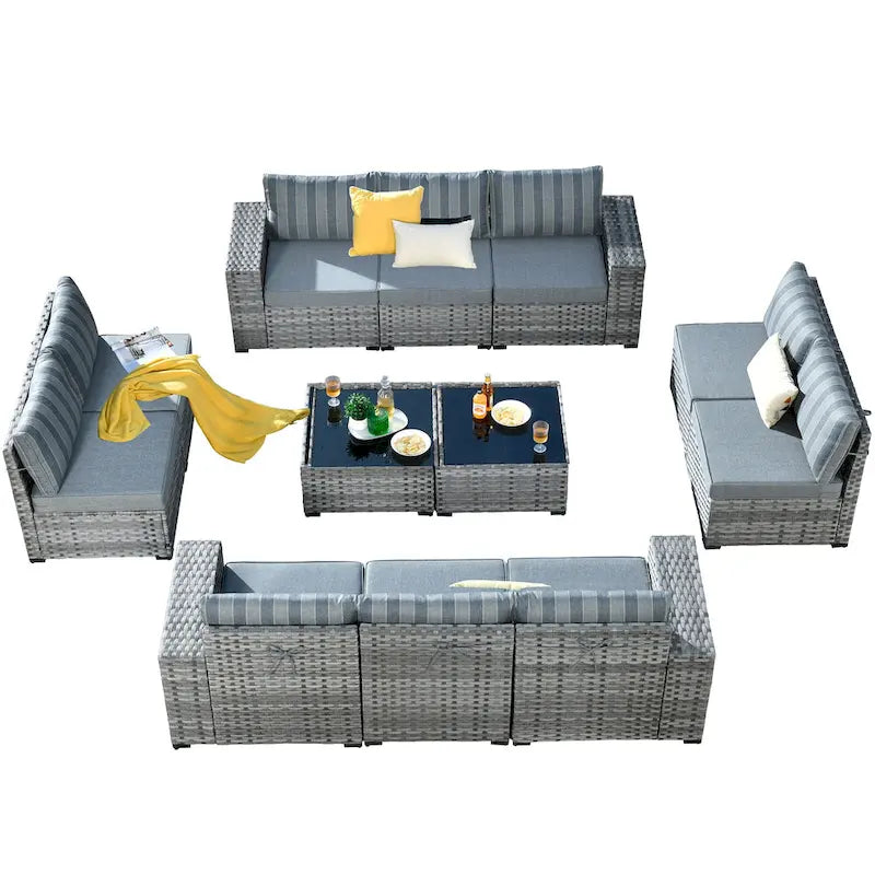 HOOOWOOO Ensemble de patio modulaire 12 pièces en rotin pour l'extérieur avec accoudoirs larges