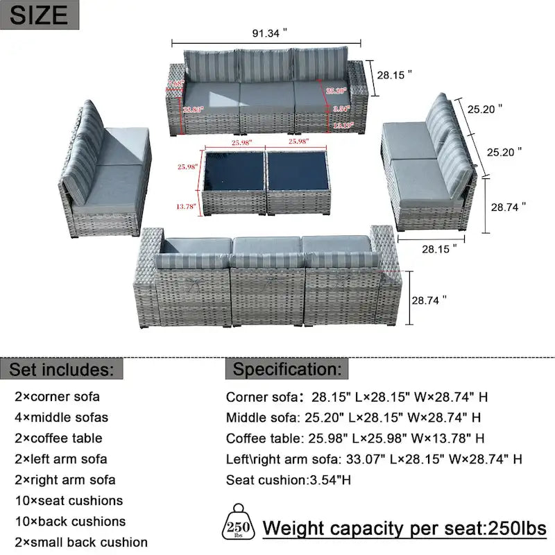 HOOOWOOO Ensemble de patio modulaire 12 pièces en rotin pour l'extérieur avec accoudoirs larges