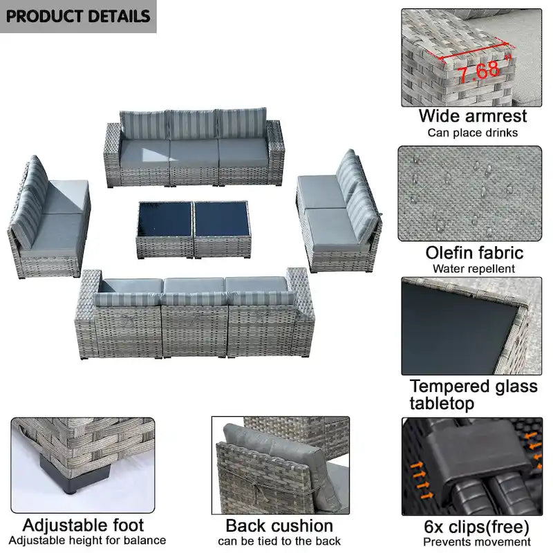 HOOOWOOO Ensemble de patio modulaire 12 pièces en rotin pour l'extérieur avec accoudoirs larges