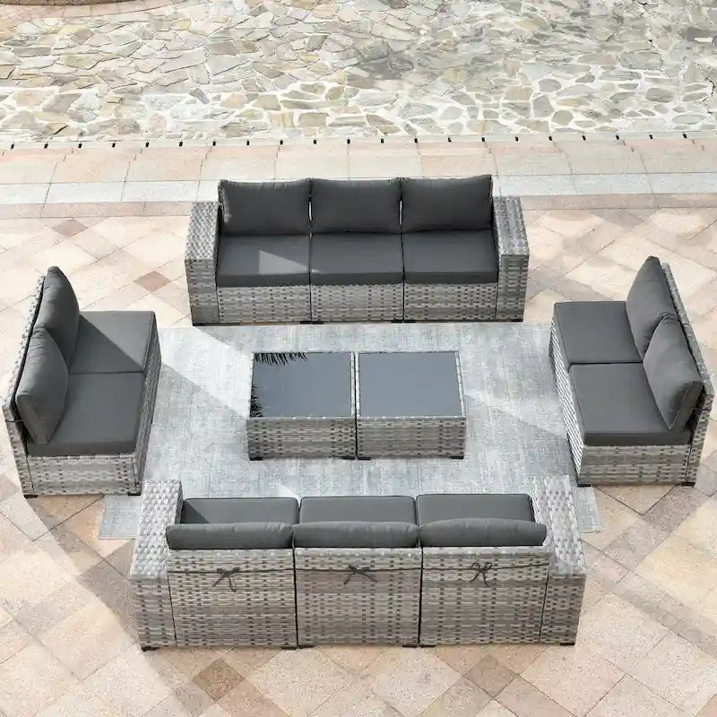 HOOOWOOO Ensemble de patio modulaire 12 pièces en rotin pour l'extérieur avec accoudoirs larges