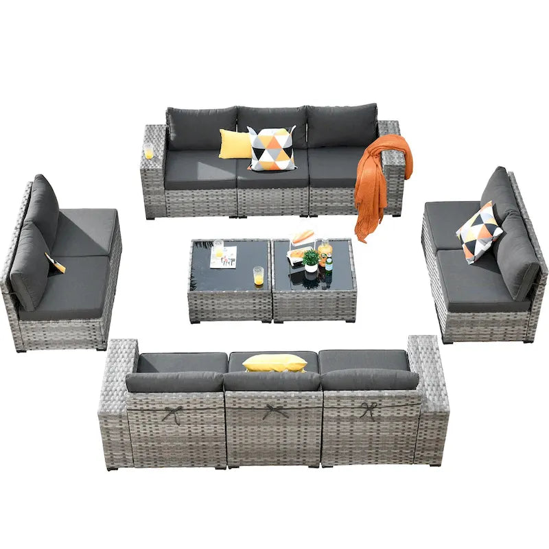 HOOOWOOO Ensemble de patio modulaire 12 pièces en rotin pour l'extérieur avec accoudoirs larges
