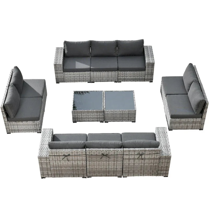 HOOOWOOO Ensemble de patio modulaire 12 pièces en rotin pour l'extérieur avec accoudoirs larges