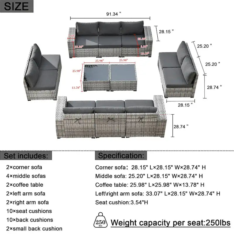 HOOOWOOO Ensemble de patio modulaire 12 pièces en rotin pour l'extérieur avec accoudoirs larges