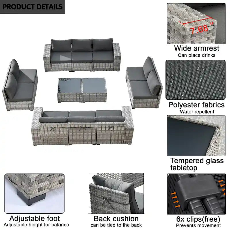 HOOOWOOO Ensemble de patio modulaire 12 pièces en rotin pour l'extérieur avec accoudoirs larges